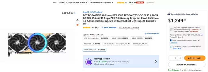 The image shows a ZOTAC GAMING GeForce RTX 5080 APOCALYPSE OC DLSS 4 graphics card and its Newegg listing with a price of $1,249.99.