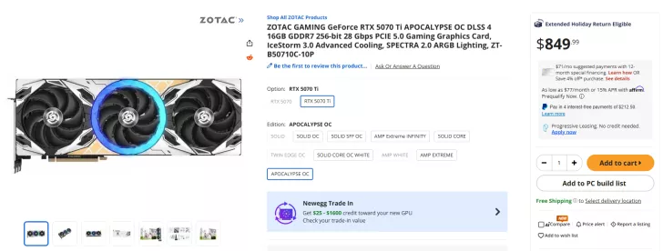 ZOTAC GAMING GeForce RTX 5070 Ti APOCALYPSE OC graphics card with IceStorm 3.0 cooling and SPECTRA 2.0 ARGB lighting, priced at $849.99.