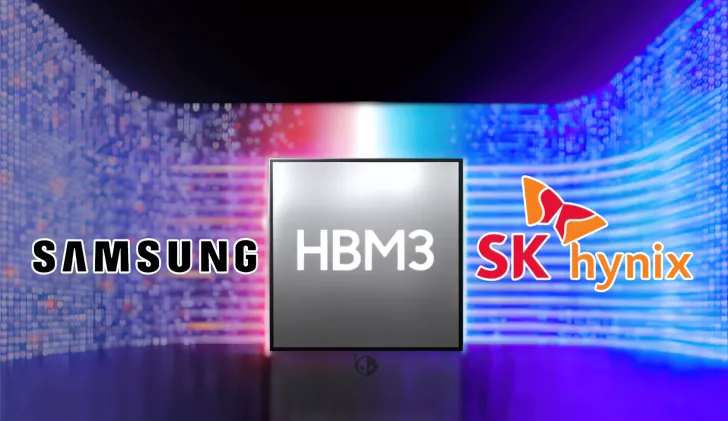 Samsung and SK Hynix logos with HBM3 memory chip in a digital backdrop.
