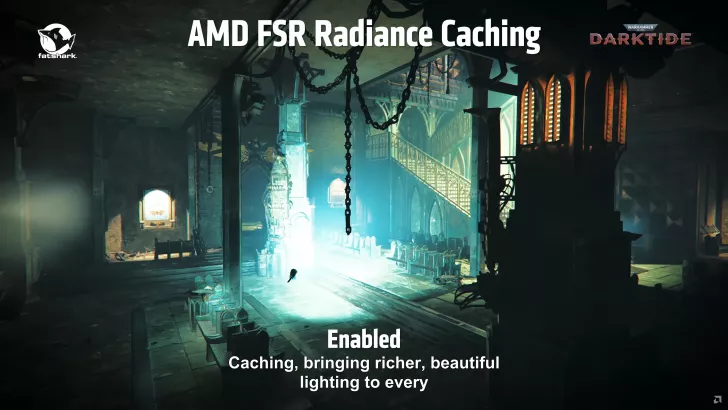 A scene from Warhammer Darktide showing 'AMD FSR Radiance Caching' technology with the status 'Enabled'.