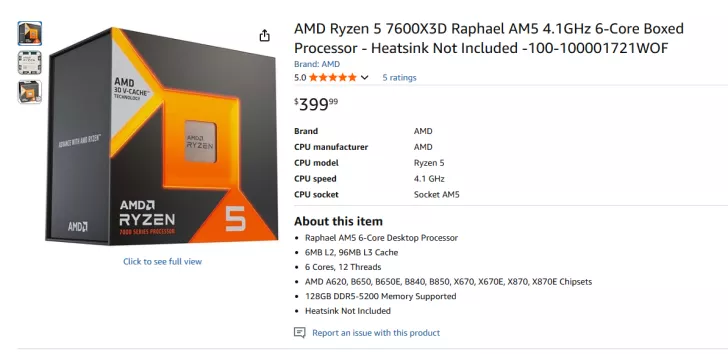 AMD Ryzen 5 7600X3D processor box with 'AMD 3D V-Cache' and '7000 Series Processor' visible, priced at $399.99 with specifications listed: 4.1 GHz, AM5 socket, 6 cores, 12 threads, 6MB L2 cache, 96MB L