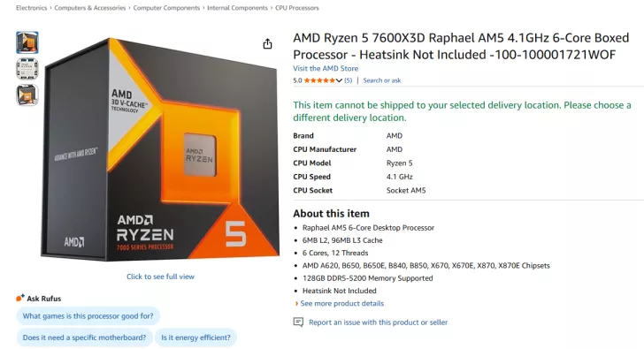 The AMD Ryzen 5 7600X3D processor box, featuring 'AMD 3D V-Cache Technology' and '5' branding, is displayed alongside product specifications, including 4.1 GHz speed and Socket AM5 compatibility, with a notice about delivery location restrictions.