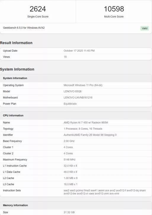 A Geekbench 6.5.0 result for Windows AVX2 shows a single-core score of 2624 and a multi-core score of 10598 for a Lenovo 83Q6 model with an AMD Ryzen AI 7 450 w/ Radeon 860M processor running Microsoft Windows 11 Pro.
