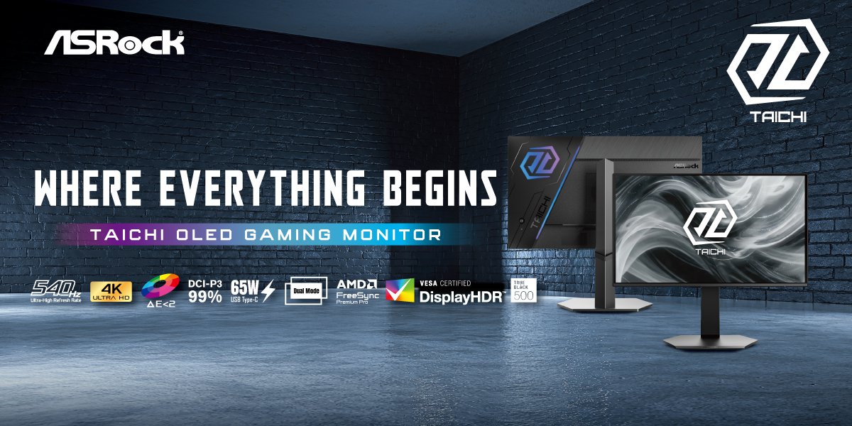 ASRock Taichi OLED gaming monitors are displayed with features such as '540Hz Ultra-High Refresh Rate,' '4K Ultra HD,' 'DCI-P3 99%,' '65W USB Type-C,' 'AMD FreeSync Premium Pro,' and 'VESA Certified DisplayHDR True Black 500.'