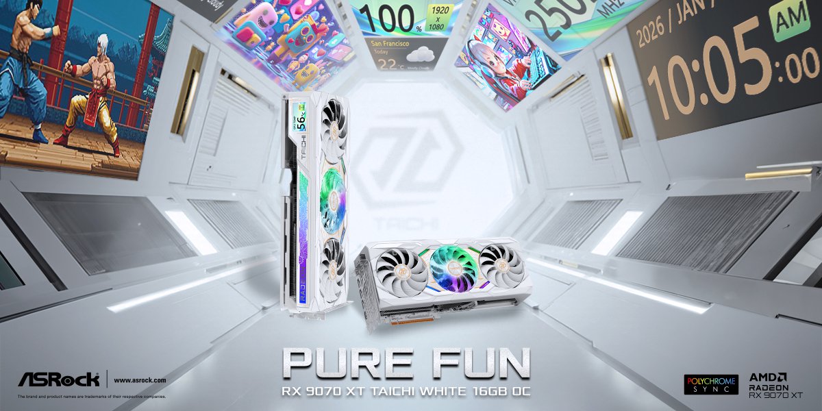 ASRock's RX 9070 XT Taichi White 16GB OC graphics card is showcased with vibrant RGB fans and a futuristic background featuring the text 'Pure Fun'.