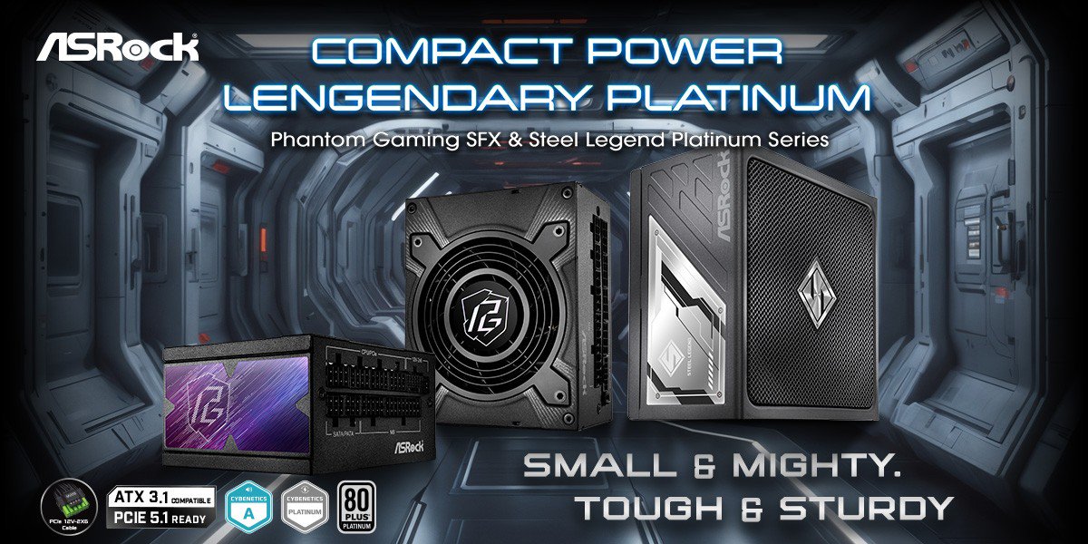 ASRock showcases the 'Phantom Gaming SFX & Steel Legend Platinum Series' power supplies with 'ATX 3.1' and 'PCIE 5.1' compatibility, highlighting attributes like '80 PLUS Platinum' certification in a futuristic setting.