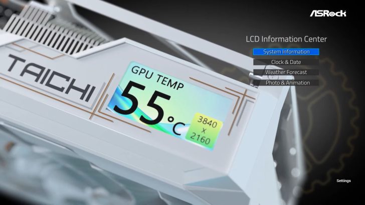 An ASRock TAICHI graphics card displays a 'GPU TEMP' of 55°C on its LCD Information Center, with a resolution of 3840 x 2160, and the 'System Information' menu is highlighted.