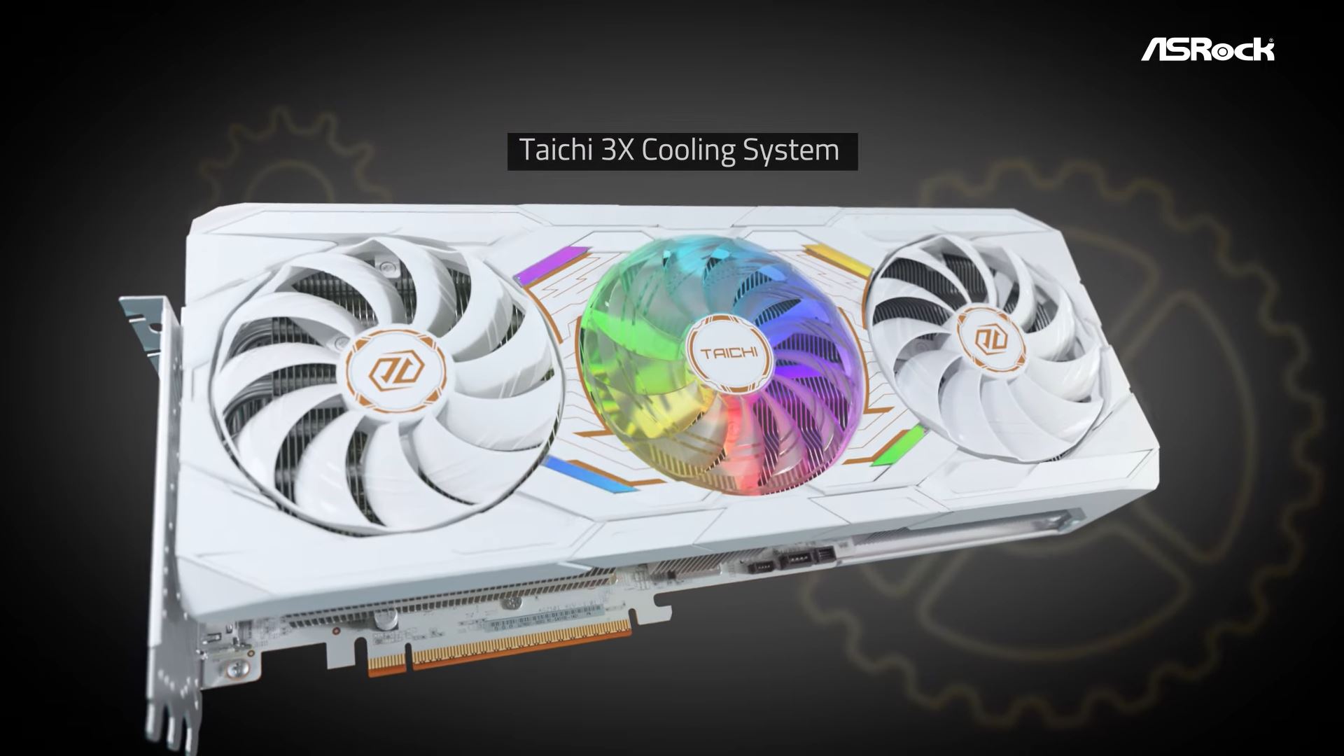 An ASRock graphics card featuring a 'Taichi 3X Cooling System' with RGB lighting and dual fans.