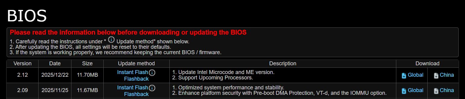 A table titled 'BIOS' shows version 2.12 (11.70MB) and version 2.09 (11.67MB) with 'Instant Flash' and 'Flashback' update methods.