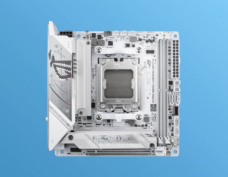 An ASUS ROG STRIX B650I GAMING WIFI motherboard with an AMD Ryzen socket on a blue background.