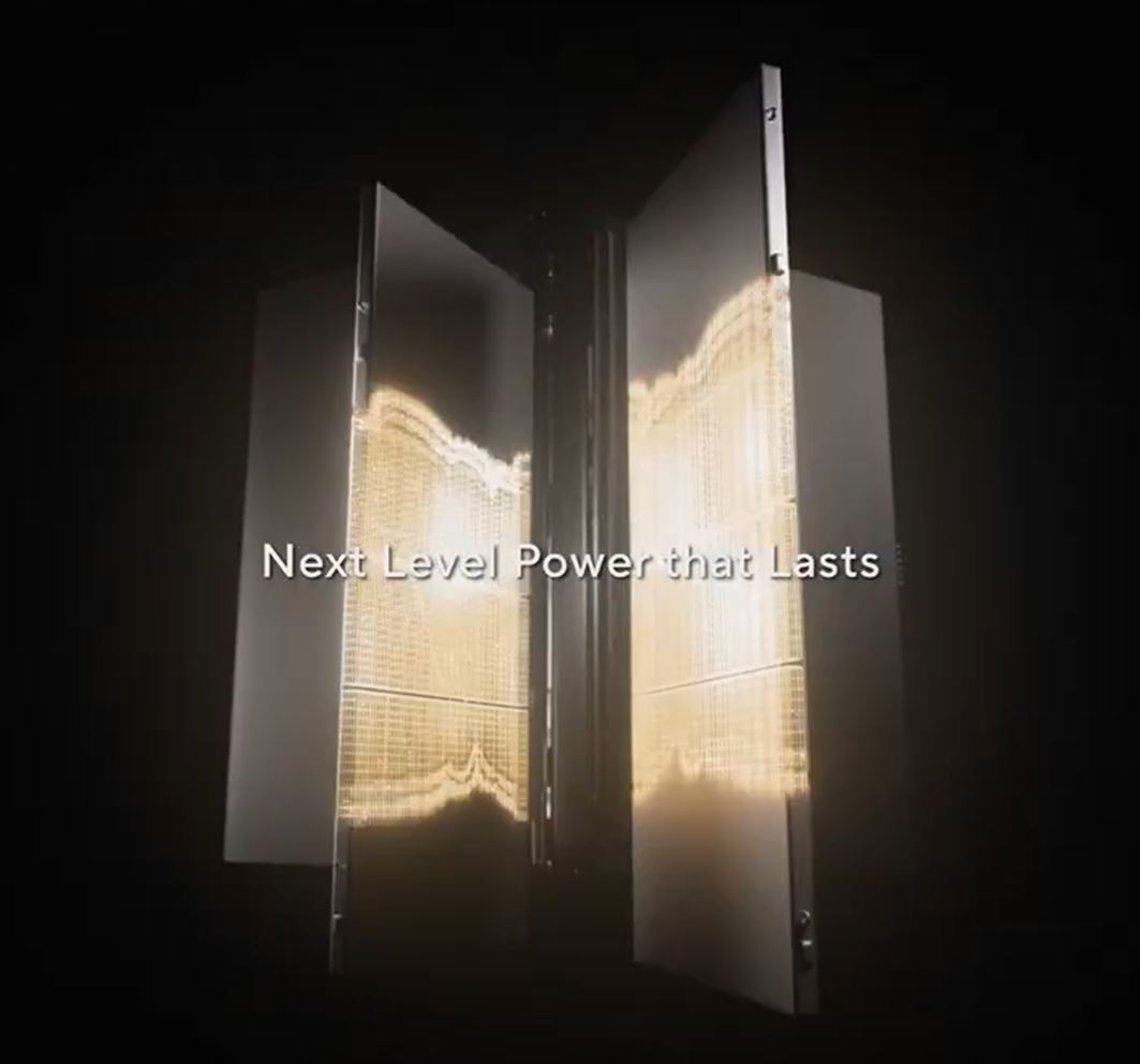 A glowing panel display with the text 'Next Level Power that Lasts' in front.