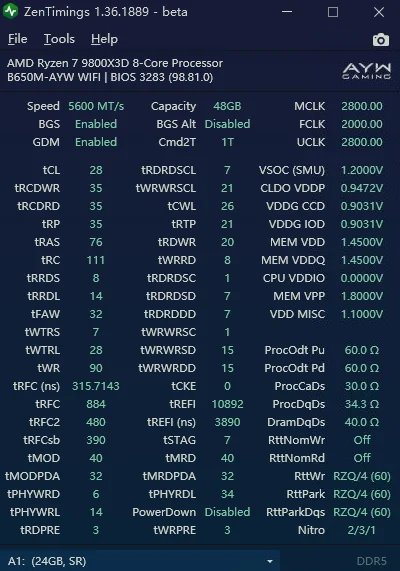 A software interface for ZenTimings 1.36.1889 displays specifications of an AMD Ryzen 7 9800X3D processor with a B650M-AYW motherboard, showing 'Speed 5600 MT/s,' 'Capacity 48GB,' and various voltage and timing settings.