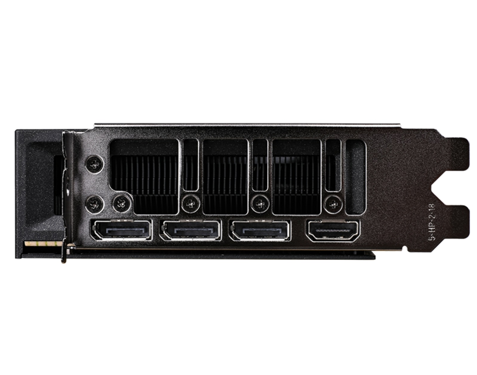 A rear view of a graphics card showing four display ports, including three DisplayPort and one HDMI connection, with visible cooling vents.