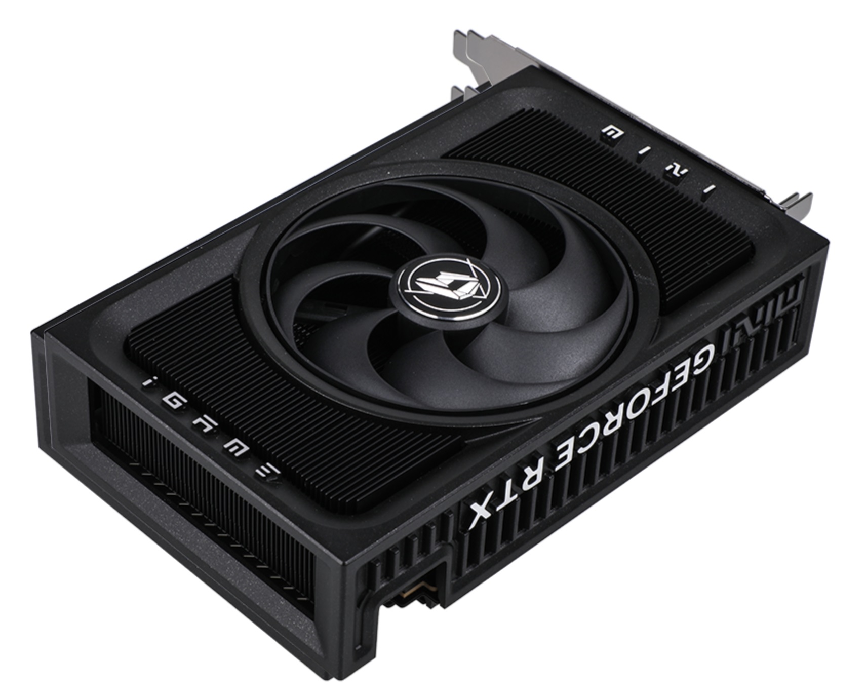 A Colorful iGame GeForce RTX graphics card with 'MINI' on the side, featuring a single large cooling fan.