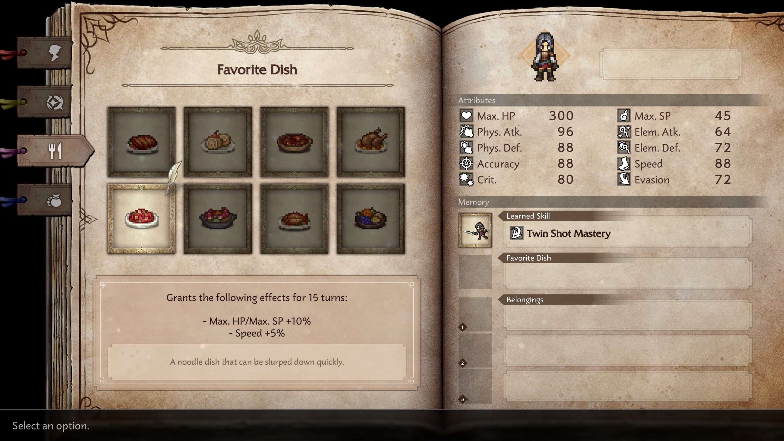 A game menu screen displays a 'Favorite Dish' section with various pixel-art food icons, character attributes including 'Max. HP: 300' and 'Speed: 88,' and the player has a 'Twin Shot Mastery' skill.
