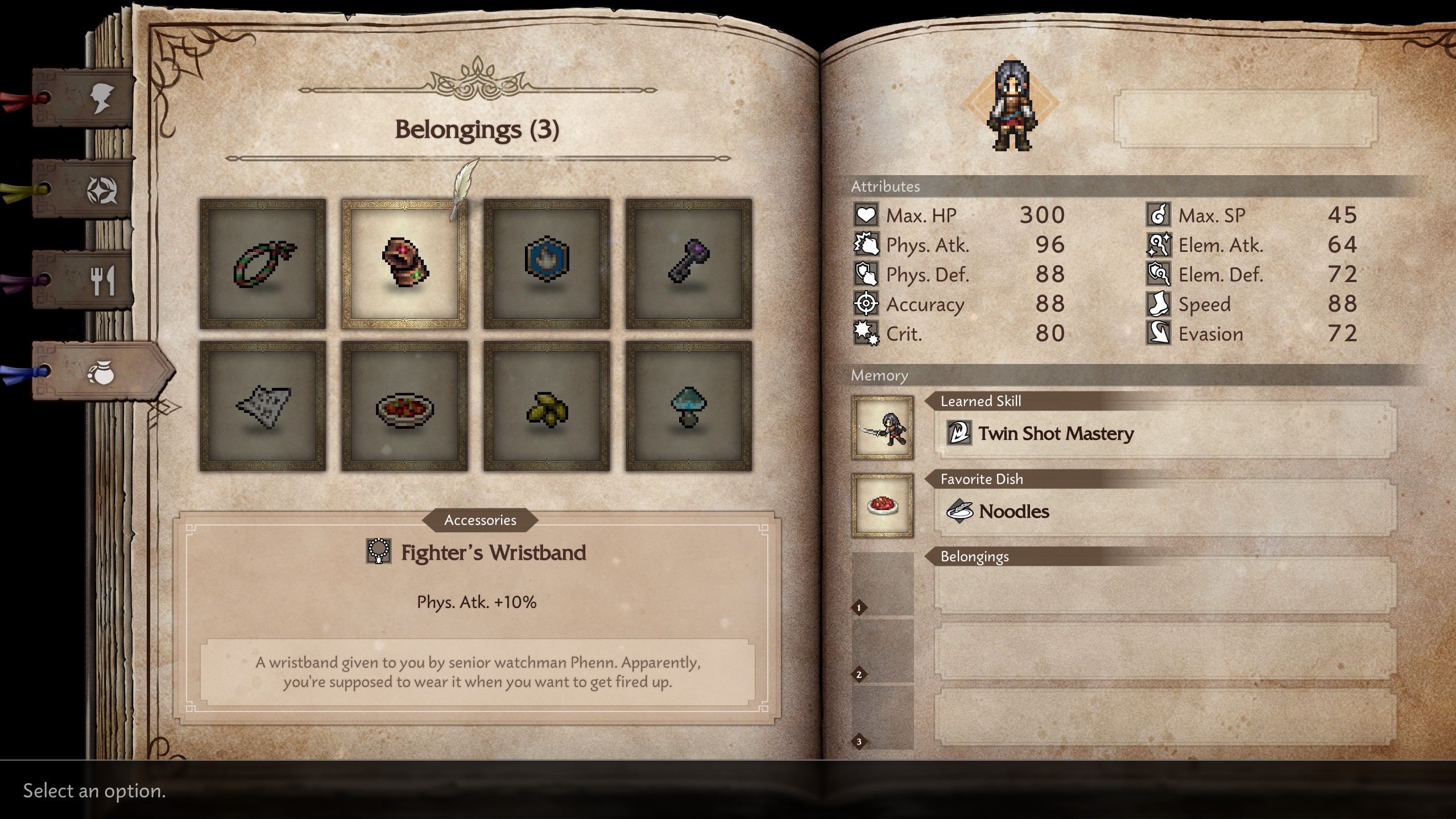 A game inventory screen titled 'Belongings (3)' shows various items, including a 'Fighter's Wristband' with 'Phys. Atk. +10%' and player attributes like 'Max. HP 300' and 'Max. SP 45'.