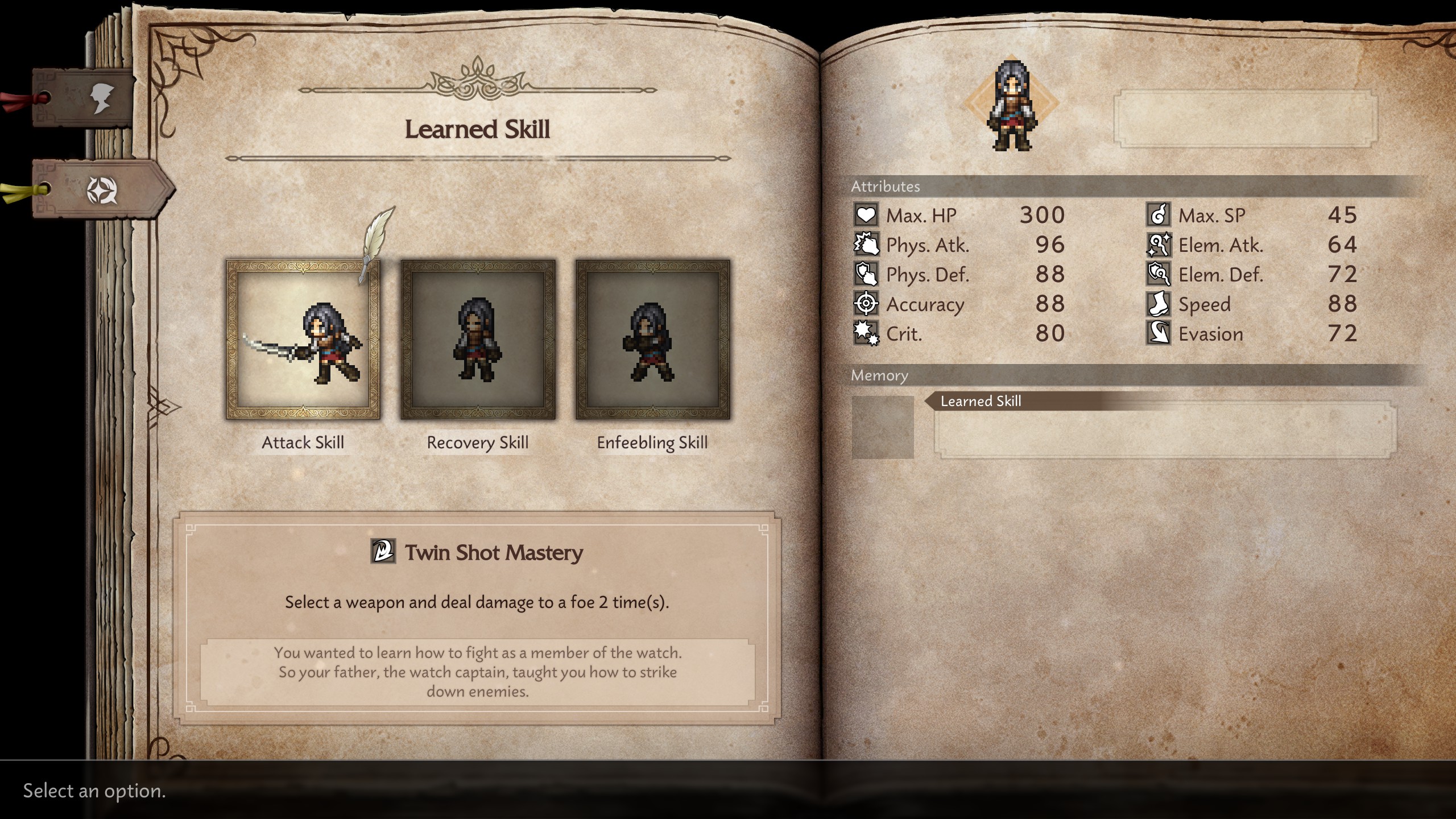 A game menu in 'Octopath Traveler 0'' showing the learned skill 'Twin Shot Mastery' with the character's attributes like Max HP, Max SP, and Accuracy displayed.