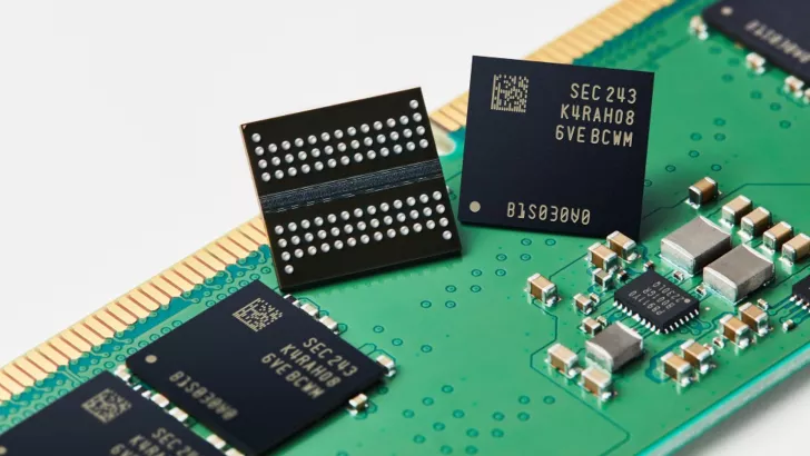 Samsung memory chips with markings 'SEC 243 K4RAH08 6VE BCWM' and 'BJS03000' on a green circuit board.