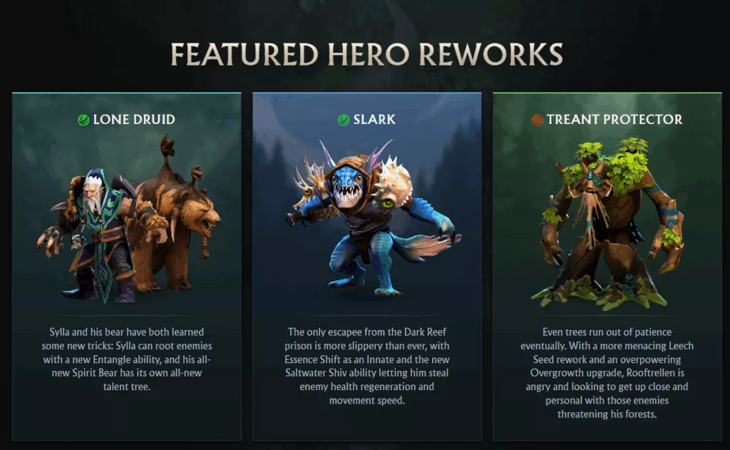 Dota 2 patch 7.40 featured character reworks for Treant Protector, Slark, and Lone Druid 