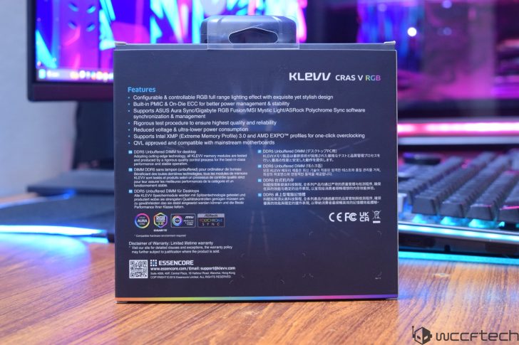 The back of a KLEVV CRAS V RGB memory package displays features like synchronized RGB lighting support, and compatibility with ASUS Aura Sync, Gigabyte RGB Fusion, MSI Mystic Light, and ASRock Polychrome Sync software.