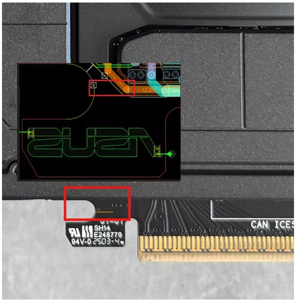 A close-up image showing an ASUS motherboard circuit detail with a highlighted section featuring design text 'POGO' on the tracing layer.
