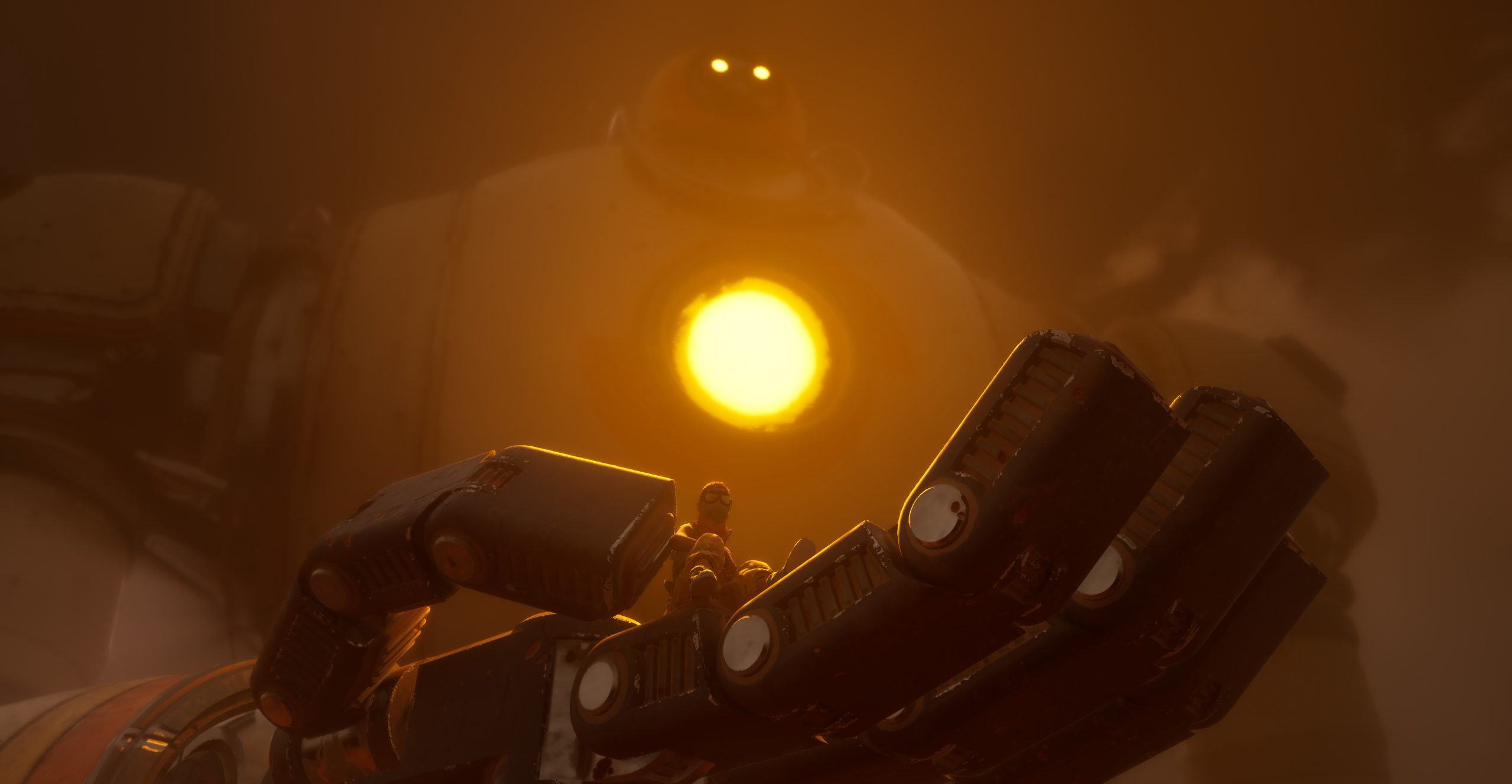 A character stands on the hand of a giant robot with glowing eyes and a bright circular light on its chest, in a dimly lit, foggy environment.