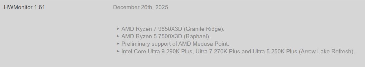 A list from 'HWMonitor 1.61' released on December 26th, 2025, shows support for AMD Ryzen 7 9850X3D, AMD Ryzen 5 7500X3D, preliminary support of AMD Medusa Point, and Intel Core Ultra 9 290K Plus, Ultra 7