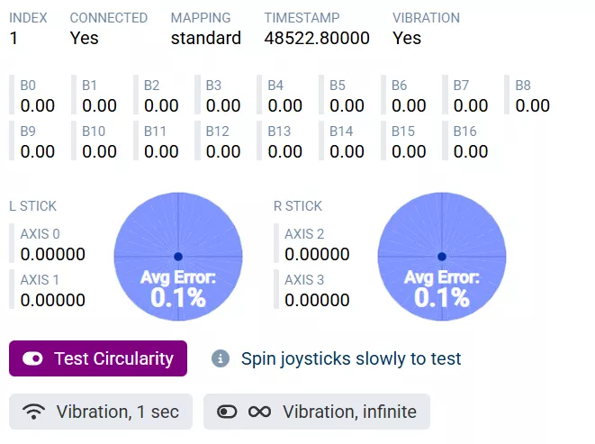 A controller testing interface shows two joystick circularity tests with 'Avg Error: 0.1%', and various status indicators such as 'CONNECTED Yes', 'VIBRATION Yes', and 'MAPPING standard'.