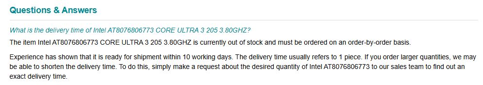 A question and answer section discussing the delivery time of the Intel AT8076806773 CORE ULTRA 3 205 3.80GHz, noting it is currently out of stock and typically ready for shipment within 10 working days.