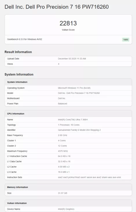 A Geekbench 6.5.0 score report for a Dell Inc. Dell Pro Precision 7 16 PW716260 shows a Vulkan Score of '22813' on Windows 11 Pro with an Intel(R) Core(TM) Ultra 7 366H processor.