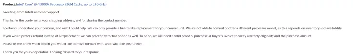 An email from Intel Customer Support regarding a replacement request for an 'Intel Core i9-13900K Processor (36M Cache, up to 5.80 GHz).'
