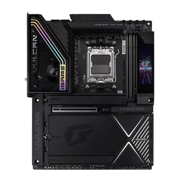 The image shows a COLORFUL iGame X670E VULCAN motherboard featuring an AMD Ryzen AM5 socket, with RGB lighting on a section labeled 'VULCAN' and 'iGAME,' and a digital display.