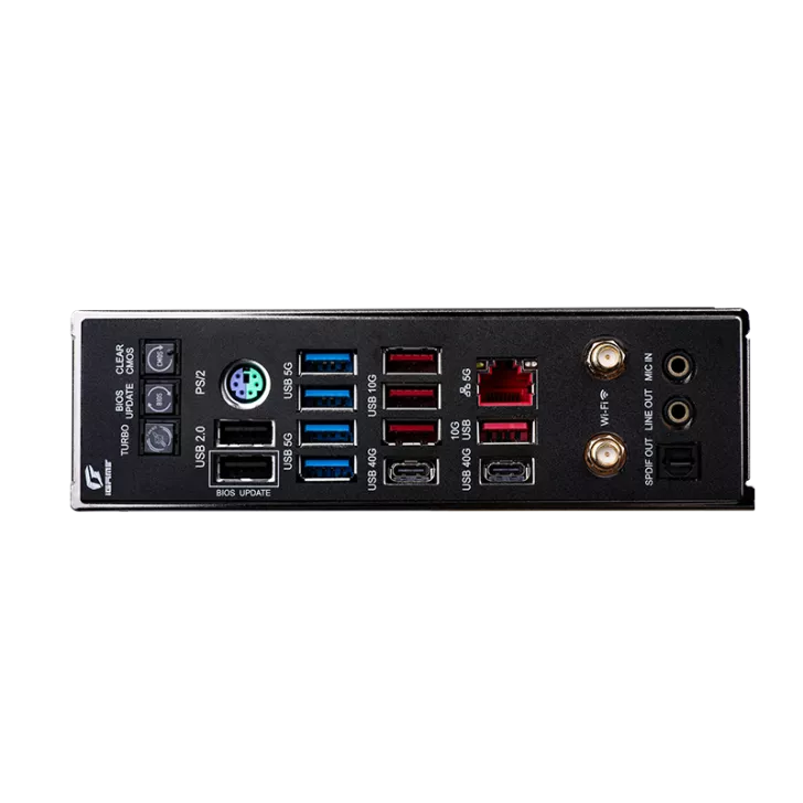 The rear I/O panel of a Biostar motherboard features labeled USB ports, PS/2 port, Ethernet ports, Wi-Fi antenna connectors, audio jacks, and buttons marked 'BIOS,' 'CLEAR,' 'TURBO,' and 'UPDATE.'