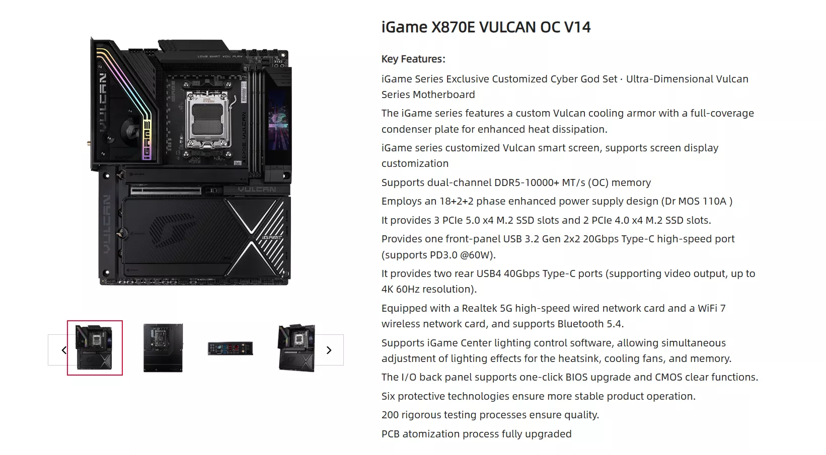 The iGame X870E Vulcan OC V14 motherboard features a custom Vulcan cooling armor and is shown alongside a list of specifications, including PCIe 5.0 x4 M.2 slots and USB4 40Gbps Type-C ports.
