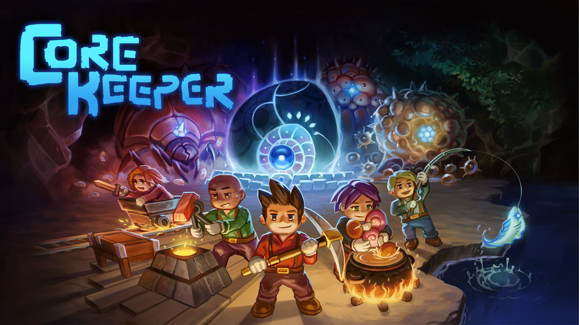 Characters from the game 'Core Keeper' engaged in various activities, including mining, smelting, cooking, and fishing, set in a vibrant underground environment.