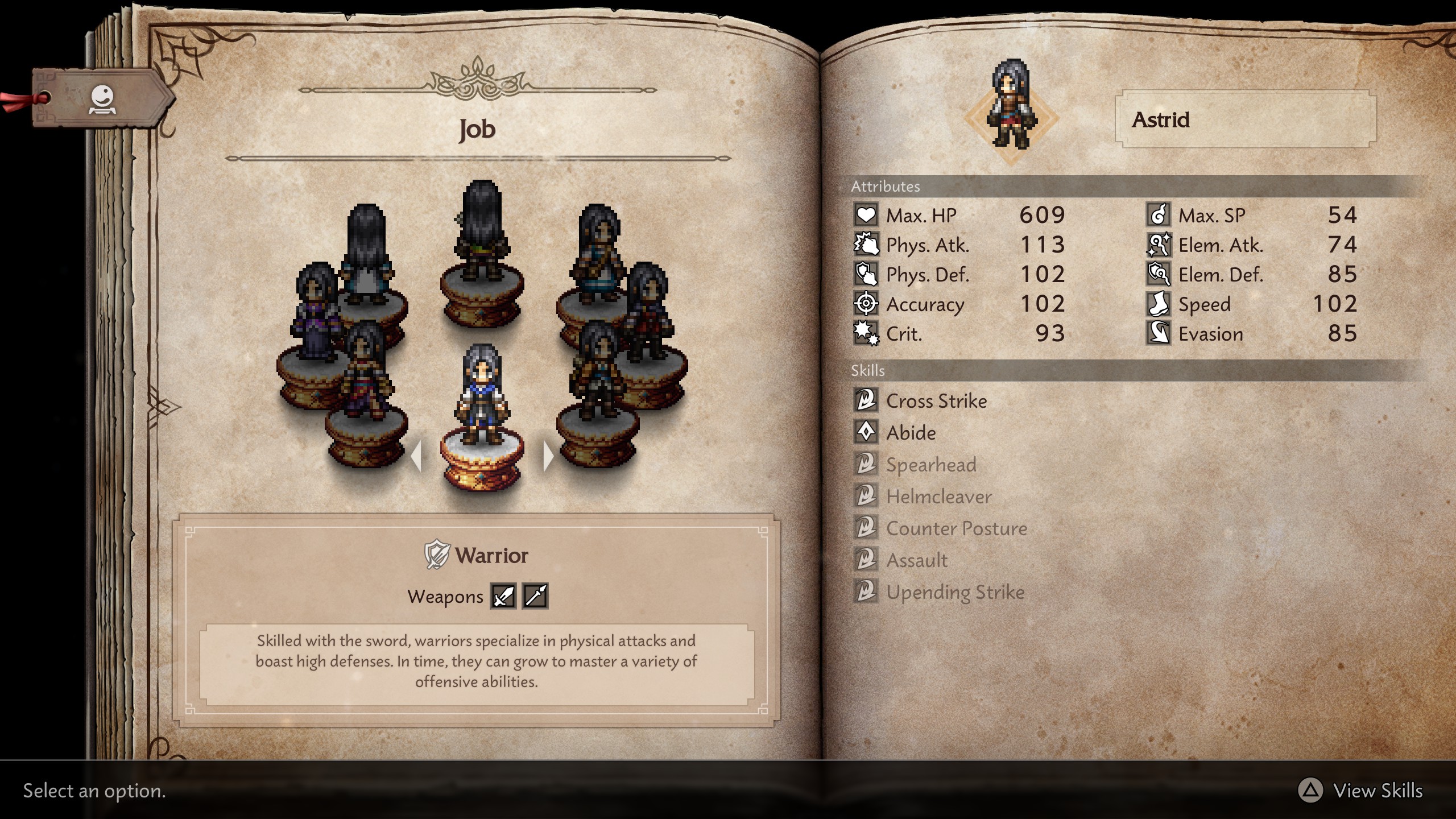 A character named Astrid is shown in the job selection screen as a 'Warrior' with attributes like Max. HP 609 and skills such as 'Cross Strike' and 'Abide' featured in the game 'Octopath Traveler II.'