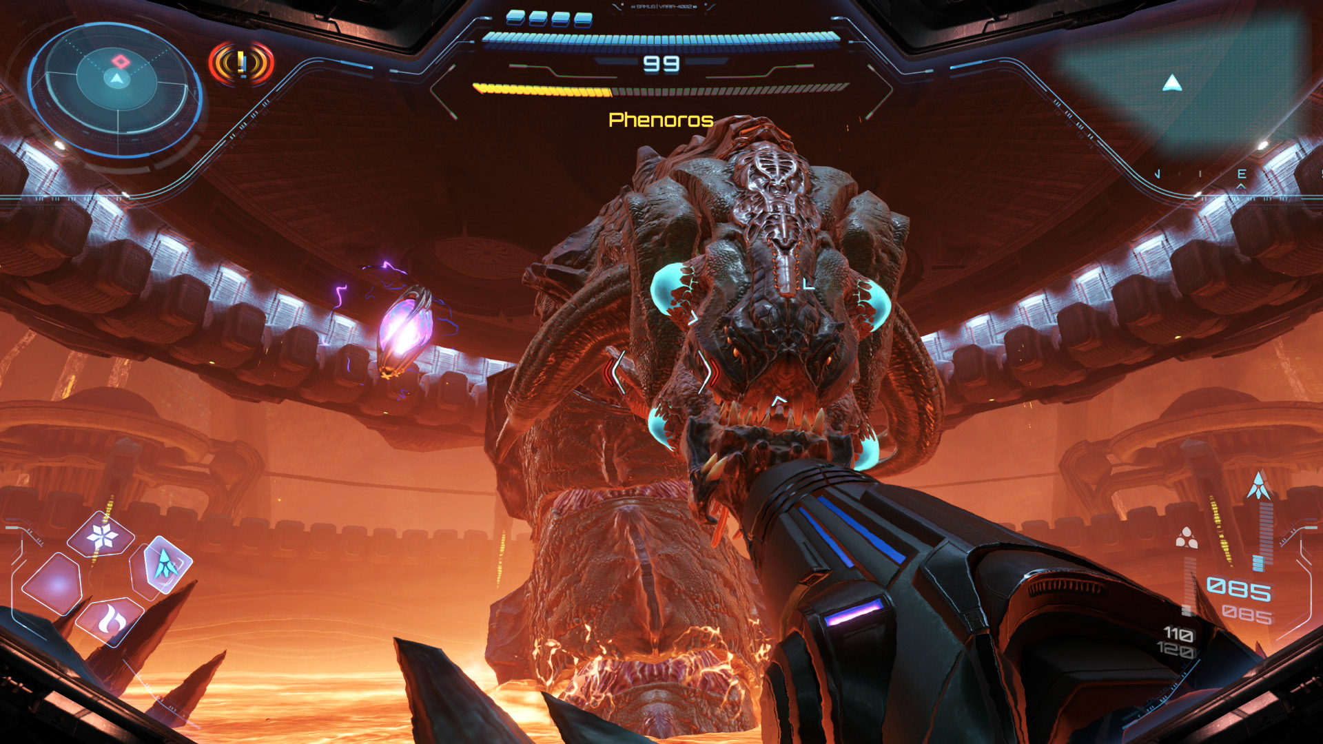 In a gaming interface, a player wields a weapon against a large, alien creature named 'Phenoros' surrounded by on-screen HUD elements.