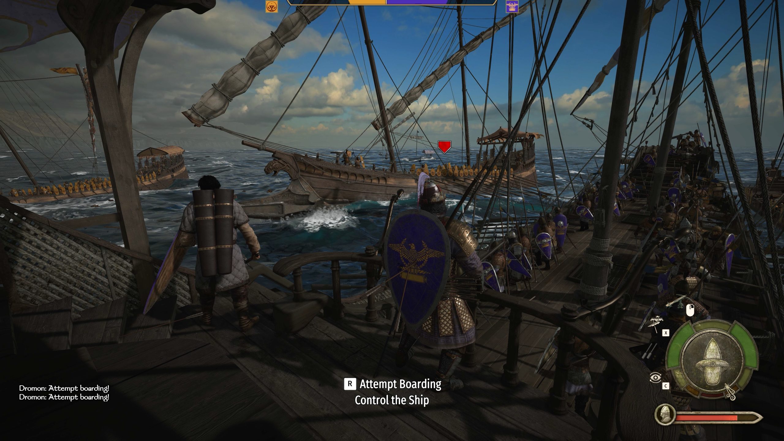 A scene from the game 'Mount & Blade II: Bannerlord' shows a naval battle with soldiers on a ship preparing to board an enemy vessel, featuring the prompt 'R Attempt Boarding Control the Ship'.