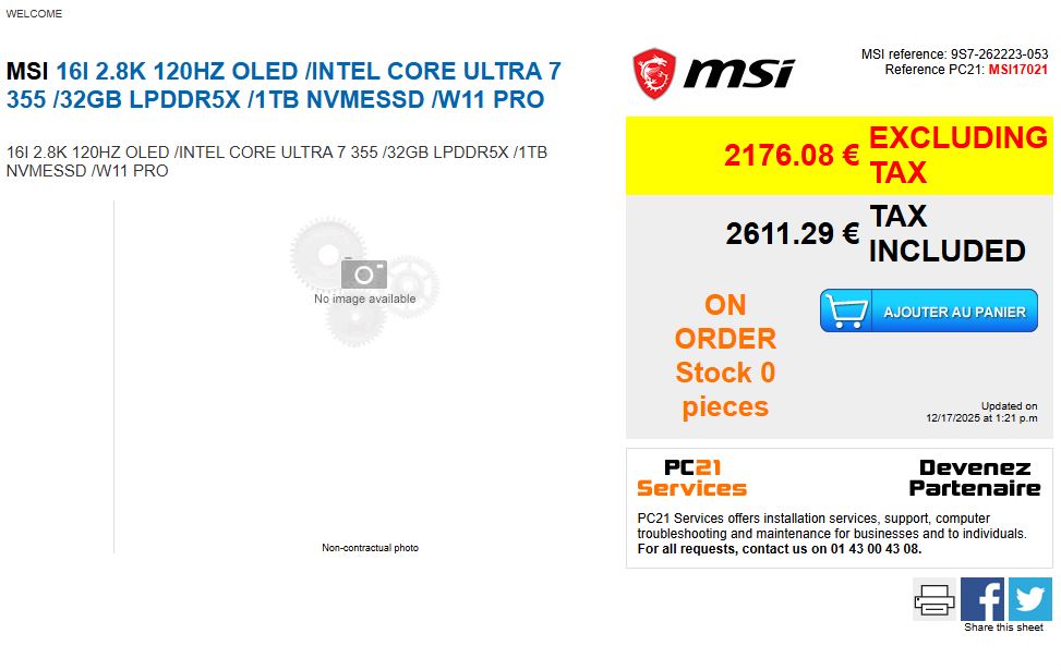The image shows a webpage listing an MSI 16I with a 2.8K 120Hz OLED display, Intel Core Ultra 7 355, 32GB LPDDR5X, 1TB NVMe SSD, and Windows 11 Pro, priced at 2176.08 € excluding tax and 2611.29 €