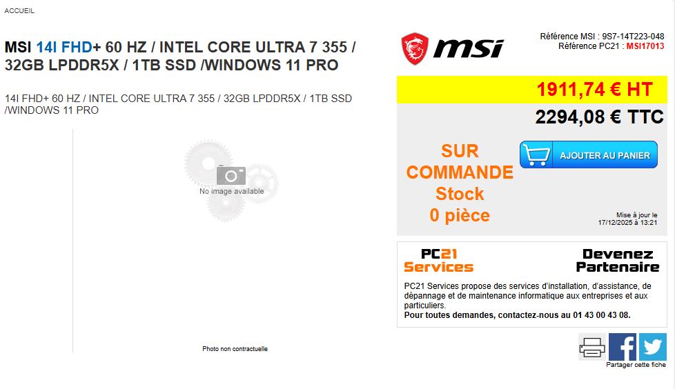The image displays a product listing for an MSI 14I FHD+ laptop featuring an Intel Core Ultra 7 355, 32GB LPDDR5X, 1TB SSD, and Windows 11 Pro, priced at '2294,08 € TTC' with 'Stock 0 pièce' status.