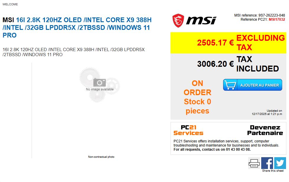 An MSI listing for a 16-inch 2.8K 120Hz OLED laptop with Intel Core X9 388H, 32GB LPDDR5X, and 2TB SSD, priced at 2505.17 € excluding tax and 3006.20 € tax included, shows as out of stock.