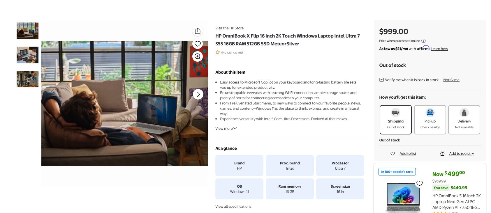 A person is reclining on a sofa using an HP OmniBook X Flip 16 inch 2K touchscreen laptop showing a reflective screen in a living room setting.