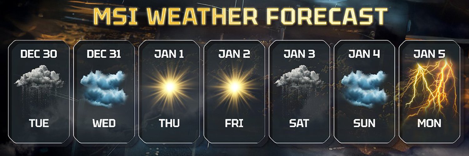 A graphic titled 'MSI Weather Forecast' showing a seven-day weather prediction from December 30 to January 5 with varying symbols for clouds, sun, and lightning.