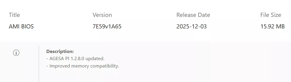 The image shows details of an 'AMI BIOS' update with version '7E59v1A65,' a release date of '2025-12-03,' and a file size of '15.92 MB,' along with a description highlighting 'AGESA PI 1.2.8.0 updated' and 'Improved memory compatibility