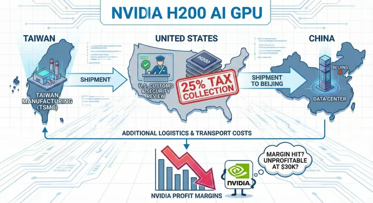 A flowchart illustrates the logistics and tax impacts on the 'NVIDIA H200 AI GPU' from manufacturing in Taiwan to shipment through the U.S. to China, highlighting a '25% Tax Collection' and discussing potential profit margin issues.