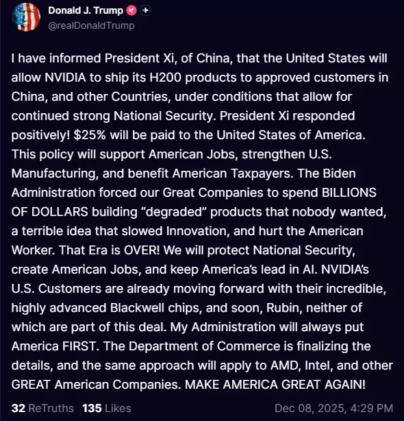 A social media post allegedly from Donald J. Trump discussing a policy for NVIDIA to ship H200 products, mentioning collaboration with President Xi, strengthening U.S. jobs, and referencing Blackwell chips.