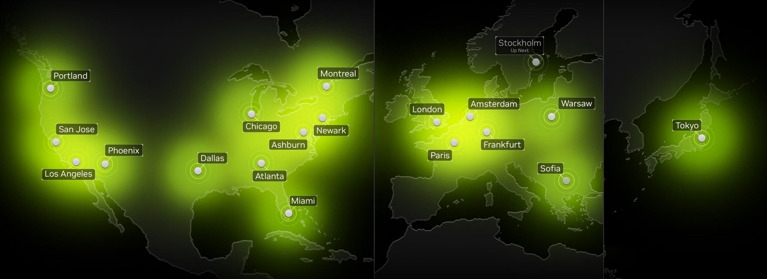 A map highlights server locations in cities like Portland, San Jose, Tokyo, and Paris, with 'Stockholm' labeled as 'Up Next'.