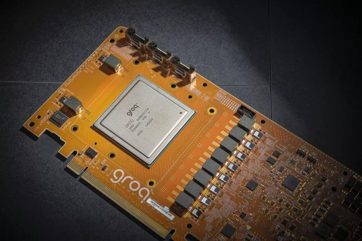 A Groq accelerator card displaying a Groq chip labeled 'U123D4-GRQ2001.'