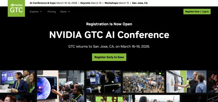 The NVIDIA GTC AI Conference advertised for March 16–19, 2026, in San Jose, CA, with registration details and event images including attendees and exhibition booths.