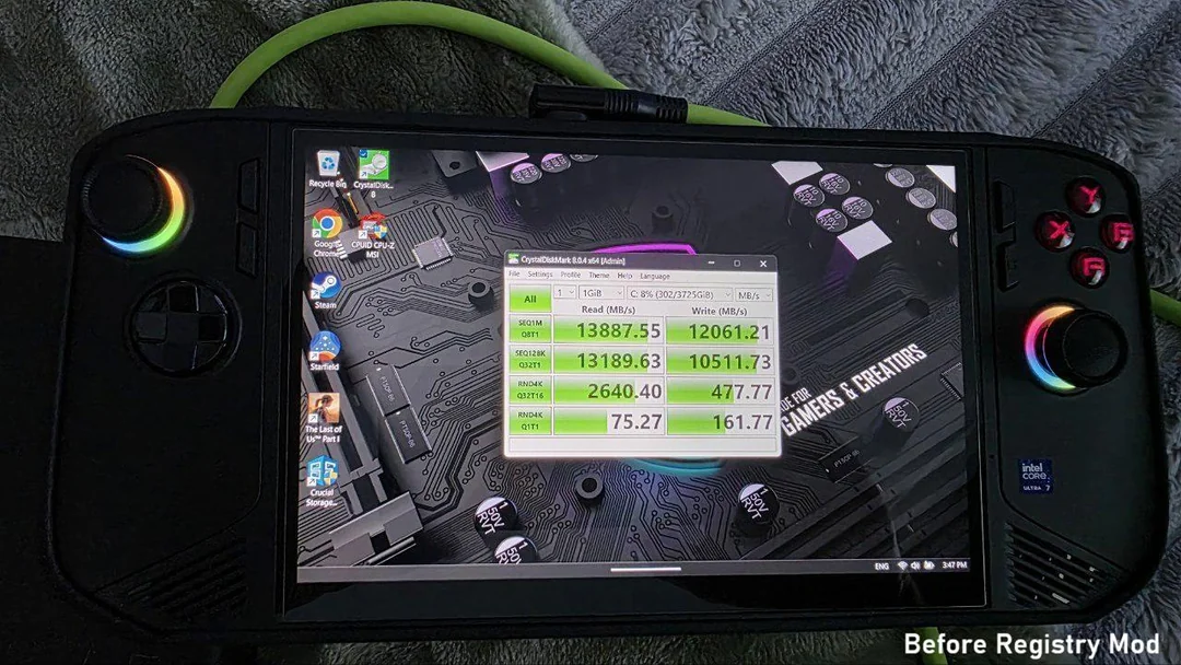 A handheld gaming device with visible Intel Core Ultra 7 branding displays CrystalDiskMark benchmark results showing high read speeds, surrounded by icons for 'CPU-Z,' 'Steam,' 'Starfield,' and 'The Last of Us Part I.'
